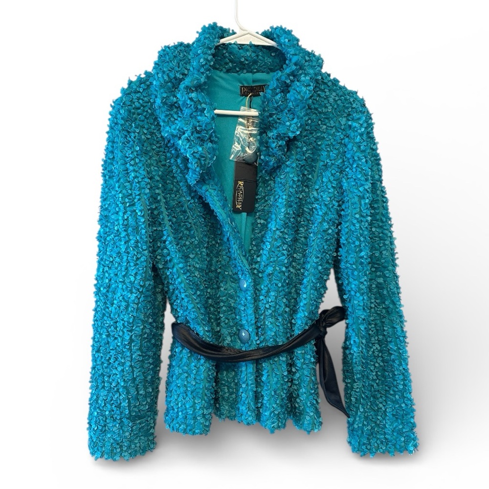 NWT Picadilly Fashion Turquoise Textured Blazer w/ Faux Leather Belt Size Small